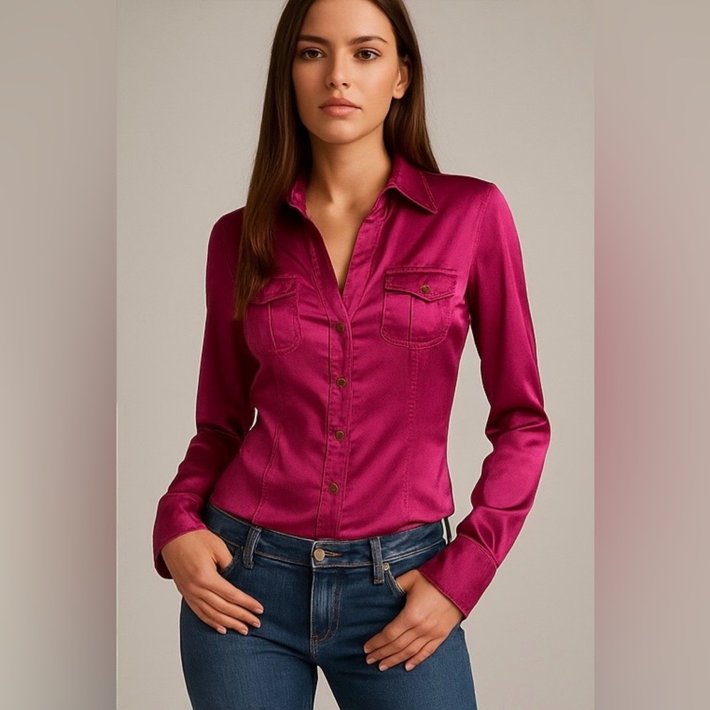 Vintage Cache Silk Elegant Pink Women's Button-Up Shirt Size L